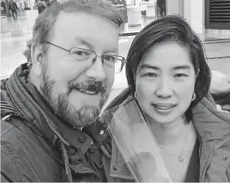  ??  ?? Timothy Sauvé, 61, of Mississaug­a,Ont., and his partner, Julie Garcia, celebrate Valentine’s Day before he received a life-saving double lung transplant in February that replaced his lungs, destroyed by COVID-19.