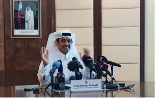  ?? (Eric Knecht/Reuters) ?? MINISTER OF STATE for Energy Affairs Saad al-Kaabi addresses a news conference yesterday in Doha, Qatar.