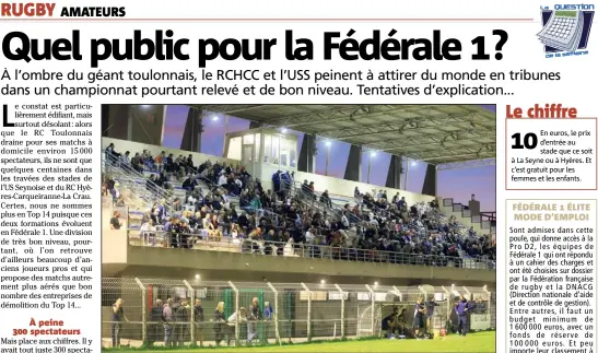  ??  ?? Le week-end dernier, l’USS a décalé son match face à Agde au samedi soir. Sans plus de succès. Le stade Marquet n’a pas affiché l’affluence escomptée...