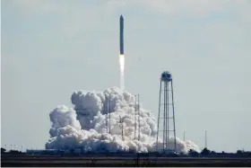  ??  ?? Northup Grumman’s Antares rocket lifts off the launch pad at NASA’s Wallops Island flight facility in Wallops Island, Va., Saturday, Feb. 20, 2021. The rocket is delivering cargo to the Internatio­nal Space Station. (AP Photo/Steve Helber)