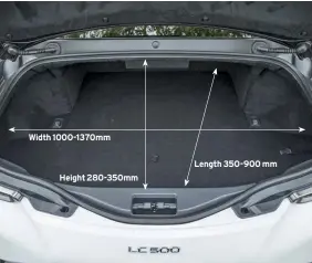  ??  ?? LC500’S boot is quite wide and decently long, but it is too shallow to house bigger cases. The hybrid version gives you even less space.