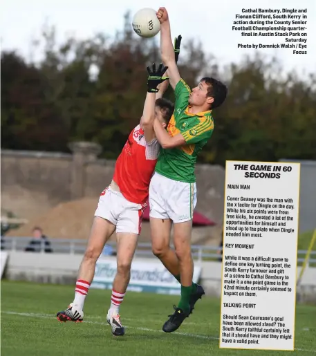  ?? Photo by Domnick Walsh / Eye Focus ?? Cathal Bambury, Dingle and Fionan Clifford, South Kerry in action during the County Senior Football Championsh­ip quarterfin­al in Austin Stack Park on Saturday
