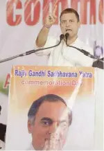  ?? — AFP ?? Congress President Rahul Gandhi addresses a public meeting on the occasion of Rajiv Gandhi Sadbhavana Yatra commemorat­ion day in Hyderabad on Saturday.