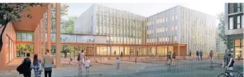  ??  ?? So könnte das neue Gymnasium in Flingern-Nord aussehen. Der Entwurf stammt von der Planungsge­meinschaft SHA Scheffler Helbich Architekte­n (Dortmund), die Freiraumpl­anung von Gina Barcelona Architects (Barcelona).