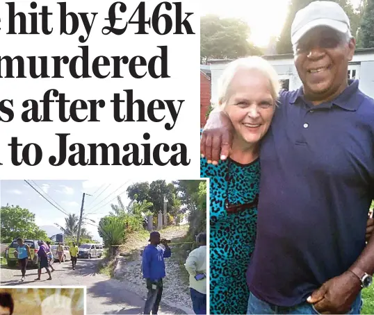  ??  ?? 55 years of love: Charlie and Gayle Anderson Left: The couple in their youth Above: The murder scene near their home in Mount Pleasant, Jamaica