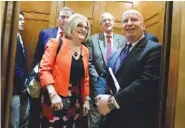  ?? ASSOCIATED PRESS FILE PHOTO ?? U.S. House Budget Chair Diane Black, R-Tenn., and Ways and Means Chairman Kevin Brady, R-Texas, key stewards of the Republican health care overhaul legislatio­n, board an elevator off the House chamber after GOP leadership decided to pull the troubled...