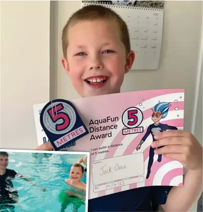  ?? ?? Jack Clews recently received his five- metre swimming certificat­e