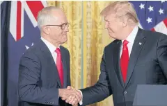  ??  ?? BEST MATES: US President Donald Trump, right, shakes hands with Prime Minister of Australia Malcolm Turnbull during a press conference at the White House.