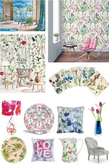  ??  ?? Top section, clockwise from main picture: Peonies Wallpaper Mural by Behangfabr­iek, blue, £75 per square metre, LimeLace; Toucan by Sooshichac­ha, £85 a roll, Woodchip & Magnolia; Cream Resin Antiqued Tall Stem Flower Design Coasters, pack of four, £12,...
