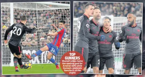  ??  ?? TOP GUNNERS Mustafi slides home the opening goal for Arsenal (left) while Gunners celebrate Sanchez’s strike (right)