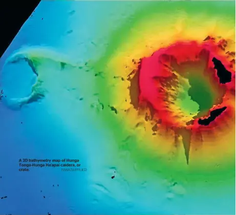  ?? NIWA/SUPPLIED ?? A 3D bathymetry map of Hunga Tonga-Hunga Ha’apai caldera, or crate.