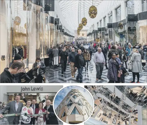  ?? PICTURES: JAMES HARDISTY ?? FLAGSHIP DEVELOPMEN­T: Top, shoppers in Victoria Gate; above, from left, Sir Gary Verity of Welcome to Yorkshire, gymnast Nile Wilson, David Atkins, of developers Hammerson, Judith Blake, Leader of Leeds City Council, and Tom Riordan, CEO of Leeds City...