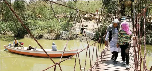  ?? ROBERTUS RISKY/JAWA POS ?? FASILITAS BARU: Sejumlah pengunjung mencoba jembatan gantung penghubung kebun raya mangrove sisi Gunung Anyar dengan Medokan Sawah kemarin (30/10).