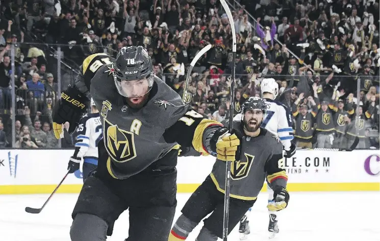  ?? GETTY IMAGES ?? James Neal of the Golden Knights celebrates after scoring on the visiting Winnipeg Jets during Game 3 of the Western Conference Finals on Wednesday night.