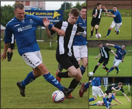  ??  ?? Glasgow Perthsire’s Jordan Currie-McLean battles with Alasdair Gaw and Mark Gilmour of Darvel (main pic) while (from top) Scott Forrester goes on a dribble, Logan McIntyre battles with Alan Orr and Jordan Currie-McLean upends Martin Findlay. Pics:...