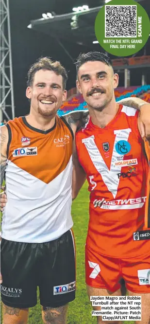  ?? ?? WATCH THE NTFL GRAND FINAL DAY HERE
Jayden Magro and Robbie Turnbull after the NT rep match against South Fremantle. Picture: Patch Clapp/AFLNT Media
