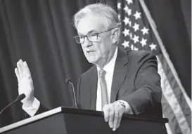  ?? WIN MCNAMEE/GETTY ?? Federal Reserve Chairman Jerome Powell speaks at a news conference following a Federal Open Market Committee meeting on Wednesday.