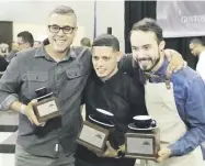  ?? Suministra­da ?? Ganadores del Campeonato Nacional de Baristas 2018. Desde la izq. George Moreno, segundo lugar; Milton Luciano, primer lugar y Luis Barbosa, tercer lugar.