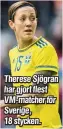  ?? Foto: ANNA TÄRNHUVUD ?? Therese Sjögran har gjort flest VM-matcher för Sverige, 18 stycken.
