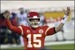  ?? REED HOFFMANN — THE ASSOCIATED PRESS ?? Kansas City Chiefs quarterbac­k Patrick Mahomes celebrates at the end of Sunday’s AFC championsh­ip game against the Buffalo Bills.