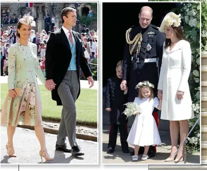  ??  ?? HERMANITAS. Pippa Middleton, embarazada de cuatro meses, y su marido. William, Kate con color polémico símil blanco y sus retoños, George y Charlotte. Recién casados, Harry y Meghan.