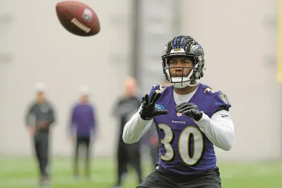  ?? LLOYD FOX/BALTIMORE SUN ?? Ravens rookie running back Tyler Badie will try to challenge veterans Justice Hill and Mike Davis for a spot on the 53-man roster.