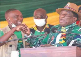  ?? ?? President Mnangagwa expresses gratitude to Chiredzi North legislator Cde Roy Bhila for rallying Zanu-PF supporters during the 2018 harmonised elections at a star rally at Uswaushava Primary School in Chiredzi yesterday. — Picture: Believe Nyakudjara