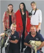  ?? FM4507867 ?? Sarah Woodhams, Billie Ford, Michelle Marz, Lucy Clark with greyhound Skipper and Chris Berry with lurcher Joanie