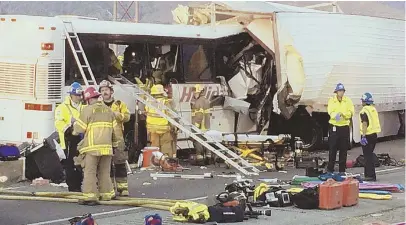  ?? AP PHOTO ?? SCREAMS OF TERROR: Authoritie­s say the driver of a bus that crashed into a tractor-trailer never braked before the collision that killed 13.