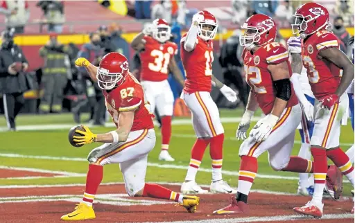  ?? Jeff Roberson, The Associated Press ?? Chiefs tight end Travis Kelce celebrates a touchdown during the second half Sunday against the Bills, in Kansas City, Mo.