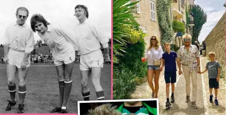  ??  ?? Far left: Elton John, Rod and Michael Parkinson at a soccer match. Left: On a holiday with Penny, and sons Alastair and Aiden. Below: Watching his beloved Celtic FC with Aiden.