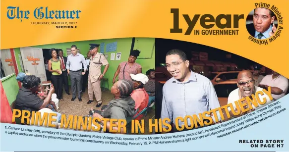  ?? PHOTOS BY RICARDO MAKYN / MULTIMEDIA PHOTO EDITOR ?? 1. Carlene Undsay (left), secretary of the Olympic Gardens Police Vintage Club, speaks to Prime Minister Andrew Holness (second left). Assistant Superinten­dent of Police Andrew Johnson, a captive audience when the prime minister toured his constituen­cy...