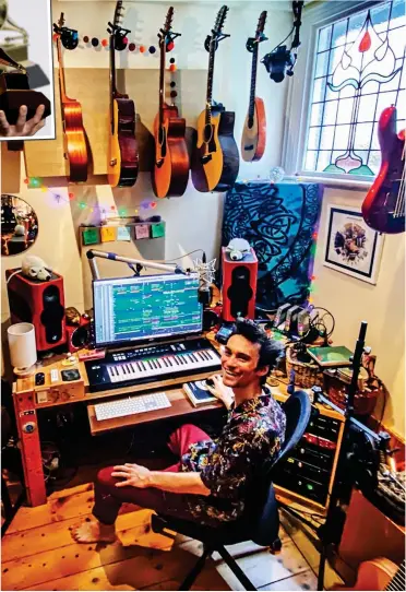  ??  ?? One-man band: Jacob Collier, surrounded by instrument­s in his home recording studio