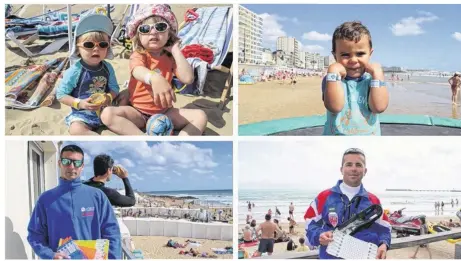  ??  ?? Jules, Juliette et Antoine ne quittent plus leurs bracelets de plage dès qu’ils mettent un orteil dans le sable. Leur grand-mère Pascale y veille personnell­ement. Un réflexe salué par Loïc Potier et David Lelong, sauveteurs.