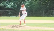  ?? STAFF PHOTO BY AJ MASON ?? Western Charles pitcher Daniel Ladd picked up the win in 7-6 victory in the first game of Sunday’s doublehead­er versus Bumpy Oak at Rainbow Constructi­on Field in La Plata. Ladd pitched 3 2/3 innings and walked just one batter in the contest.
