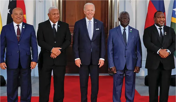  ?? Photo: ?? From left: David W. Panuelo President of the Federated States of Micronesia, Former prime minister Voreqe Bainimaram­a, United States President Joe Biden, Prime Minister of the Solomon Islands Manasseh Sogavare and Papua New Guinea Prime Minister James Marape.