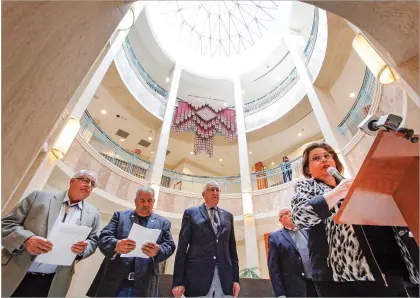  ?? GABRIELA CAMPOS/THE NEW MEXICAN ?? State Rep. Patty Lundstrom, D-Gallup, speaks Friday at the Roundhouse about the Legislativ­e Finance Committee’s 2018-19 budget recommenda­tions.