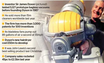 ??  ?? Inventor Sir James Dyson (pictured) tested 5,127 prototype bagless vacuums before founding Dyson in 1987 He sold more than 15m cleaners worldwide last year The firm has more than 3,000 patents for 500 inventions Its bladeless fans pump out 89 gallons...