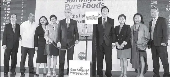  ??  ?? Pure Foods raises P15B from preferred share sale: San Miguel Pure Foods Co. Inc. held recently a bell ringing ceremony at the Philippine Stock Exchange for the listing of its Series 2 preferred shares. The company was able to raise P15 billion from its...