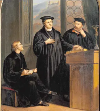 ?? FOTO: JÜRGEN WELLER/MUSEUM ?? Diese Gespräche wurden als Heidelberg­er Disputatio­n bekannt: „Isenmann und Brenz im Gespräch mit Luther in Heidelberg“, ein Gemälde von Gustav Baumann (1854).