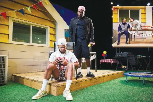  ?? (Courtesy Photo/Kristi Jan Hoover, City Theatre, Pittsburgh) ?? Jordan Williams (left) is Juicy's cousin Tio and Brandon Foxworth is Juicy, who might remind you of Hamlet, in “Fat Ham.” The City Theatre Company production is on stage at TheatreSqu­ared in Fayettevil­le.