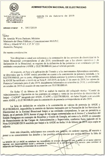  ??  ?? Nota remitida por la ANDE el jueves último al MOPC, pidiendo una urgente reunión.