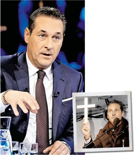  ?? BILDER: SN/ORF/APA ?? Blauer Wandel. Einst schwang FPÖ-Chef Strache das Kruzifix gegen Moslems und Moscheen, heute gibt er in TVDiskussi­onen den Staatsmann.