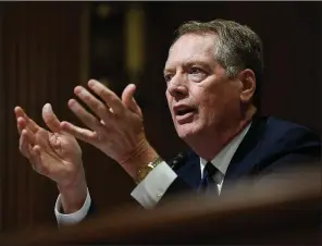  ?? AP/SUSAN WALSH ?? U.S. Trade Representa­tive Robert Lighthizer, in testimony Tuesday before the Senate Finance Committee in Washington, said he’s committed to working with Democrats on changes to a proposed North American trade agreement.
