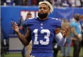  ?? ADAM HUNGER — THE ASSOCIATED PRESS ?? Giants wide receiver Odell Beckham gestures before the team’s game against the Redskins in East Rutherford, N.J., on Oct. 28.