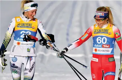  ?? FOTO: LEHTIKUVA/JOE KLAMAR ?? Stina Nilsson och Therese Johaug var i topp i världscupe­n i Quebec.