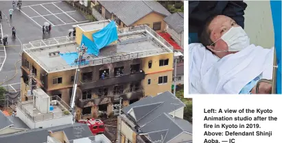  ?? ?? Left: A view of the Kyoto Animation studio after the fire in Kyoto in 2019. Above: Defendant Shinji Aoba. — IC
