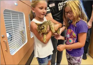  ?? KENT D. JOHNSON PHOTOS / AJC ?? Sisters Ella, 7, and Arrington Boggs, 5, interact with Seth, a mixed kitty at the shelter. DeKalb County officials, animal advocates and members of the public attend the opening of the county’s new $12 million animal shelter Wednesday. The shelter is...