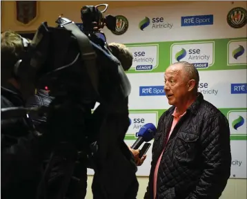  ??  ?? Bray Wanderers majority owner Niall O’Driscoll speaks to the media after the SSE Airtricity League Premier Division match between Bray Wanderers and Cork City.