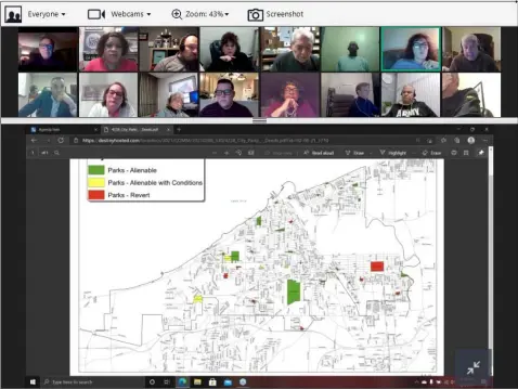  ?? SCREEN INFORMATIO­N ?? Lorain City Council convened an online meeting on Feb. 8, to discuss options for improving parks. The agenda materials included this map showing which parks the city could sell or generally discontinu­e ownership, or not.